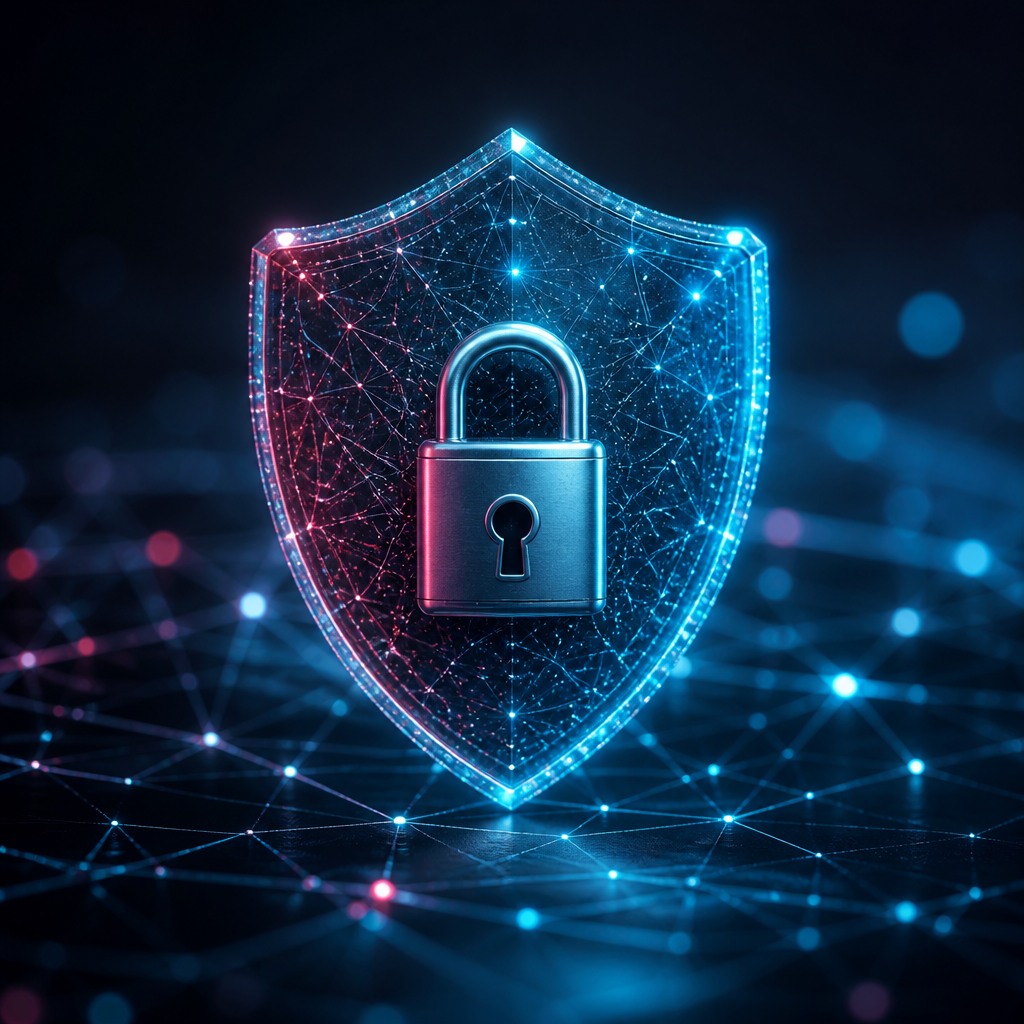 Abstract cybersecurity shield and digital network visual representing TCrest protection